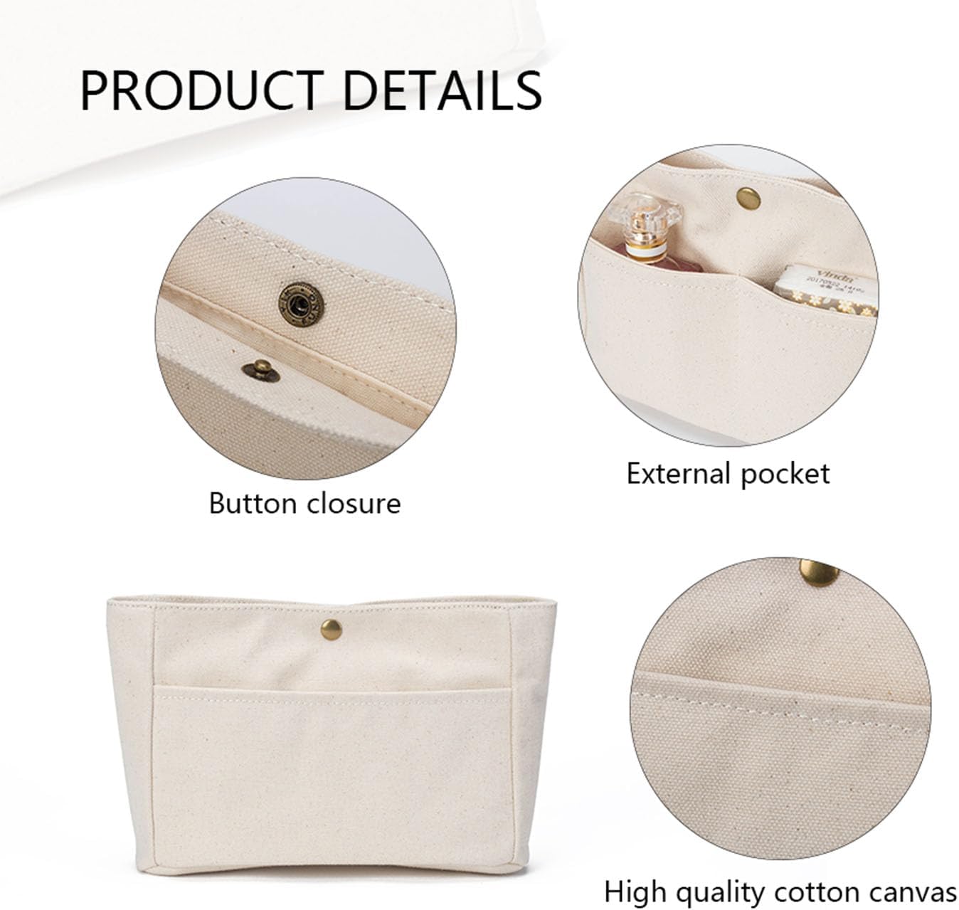 YONBEN Storage Bag Lightweight Large Capacity Eco Friendly Cotton Canvas Bag Inner Bag Handbag Organizer (Beige, S)