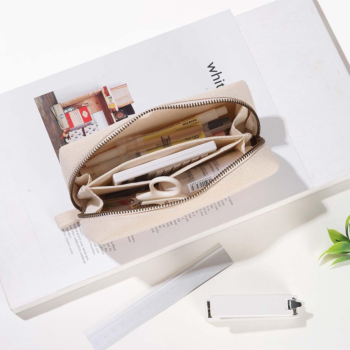 YONBEN Pencil Case Durable Cotton Canvas Pouch Bag for Pens Stylish and soft (Beige)