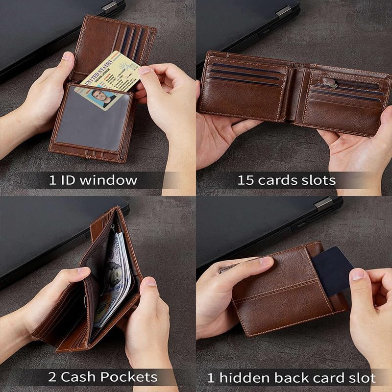 YONBEN Men's wallet: classic style, two-fold large-capacity, leather wallet with anti-theft function