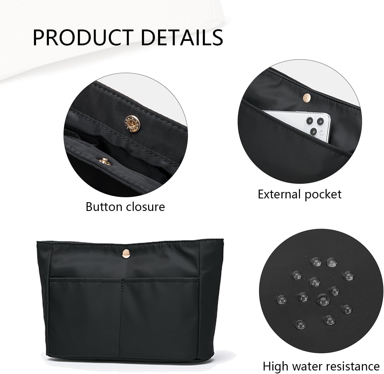 YONBEN Storage bag lightweight large capacity eco-friendly cotton canvas bag inner bag handbag organizer (Black-nylon, S)