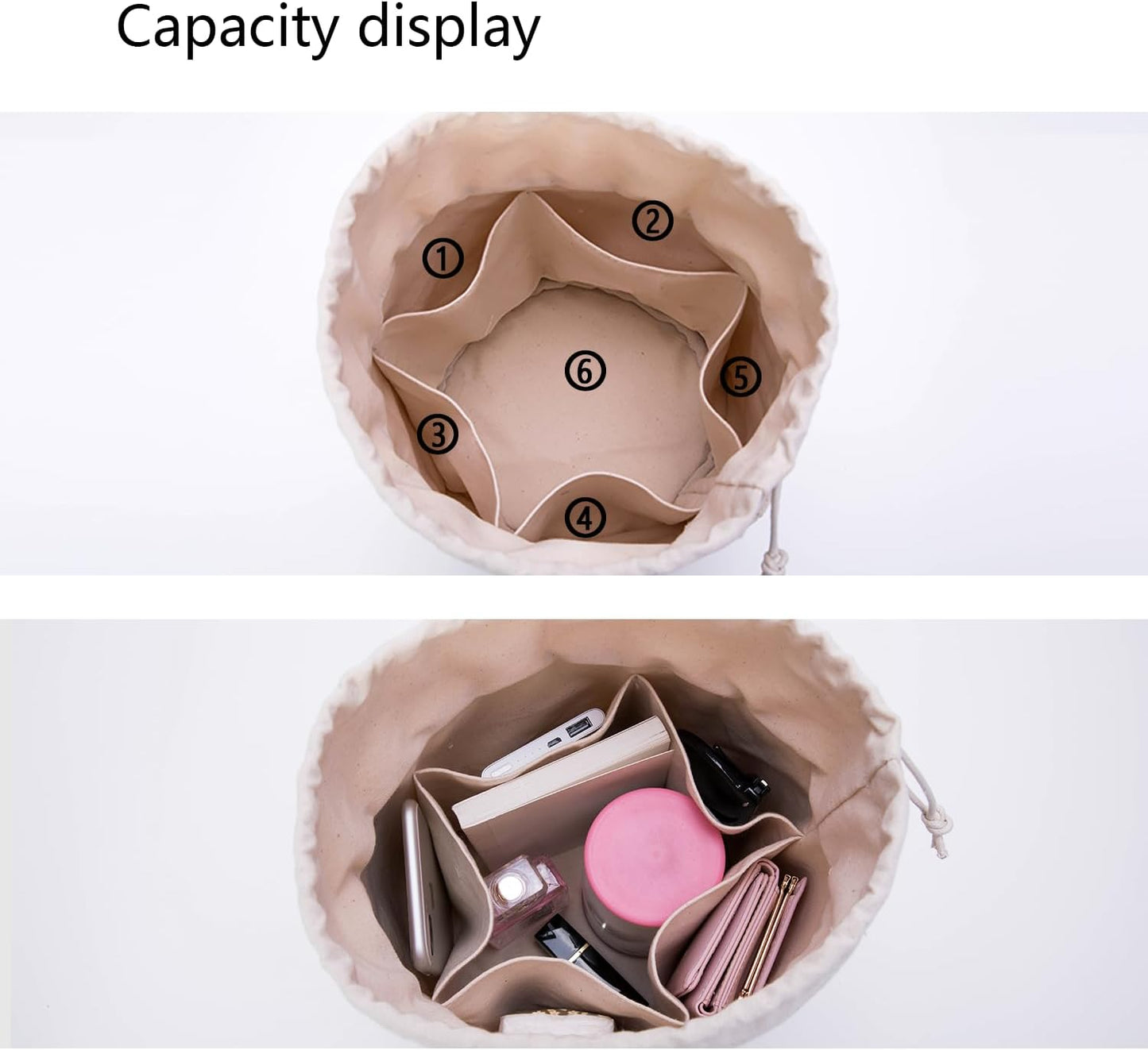 YONBEN Tall Purse Organizer Insert Womens Canvas Round Handbag Organizer Storage Handbag Purse Organizer Round Cosmetic Pouch Bag Bucket Makeup Bag (Beige, L)