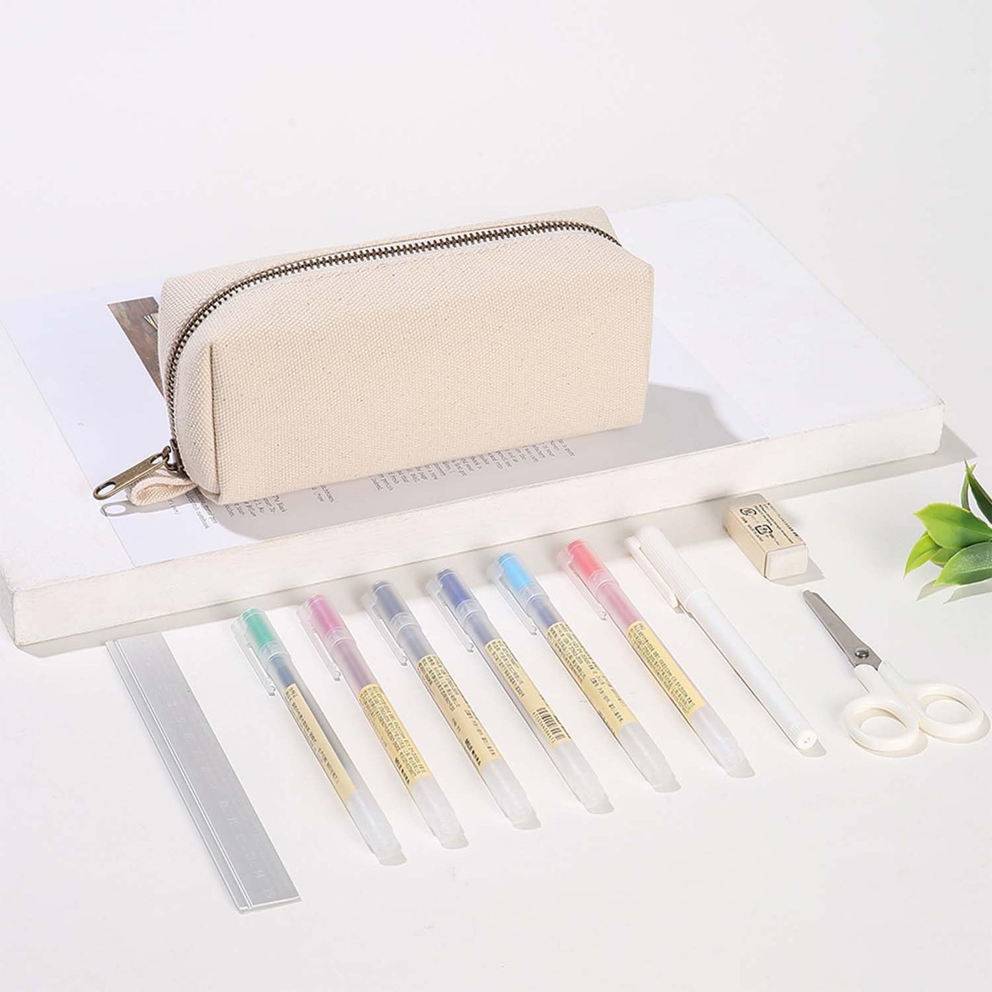 YONBEN Pencil Case Durable Cotton Canvas Pouch Bag for Pens Stylish and soft (Beige)