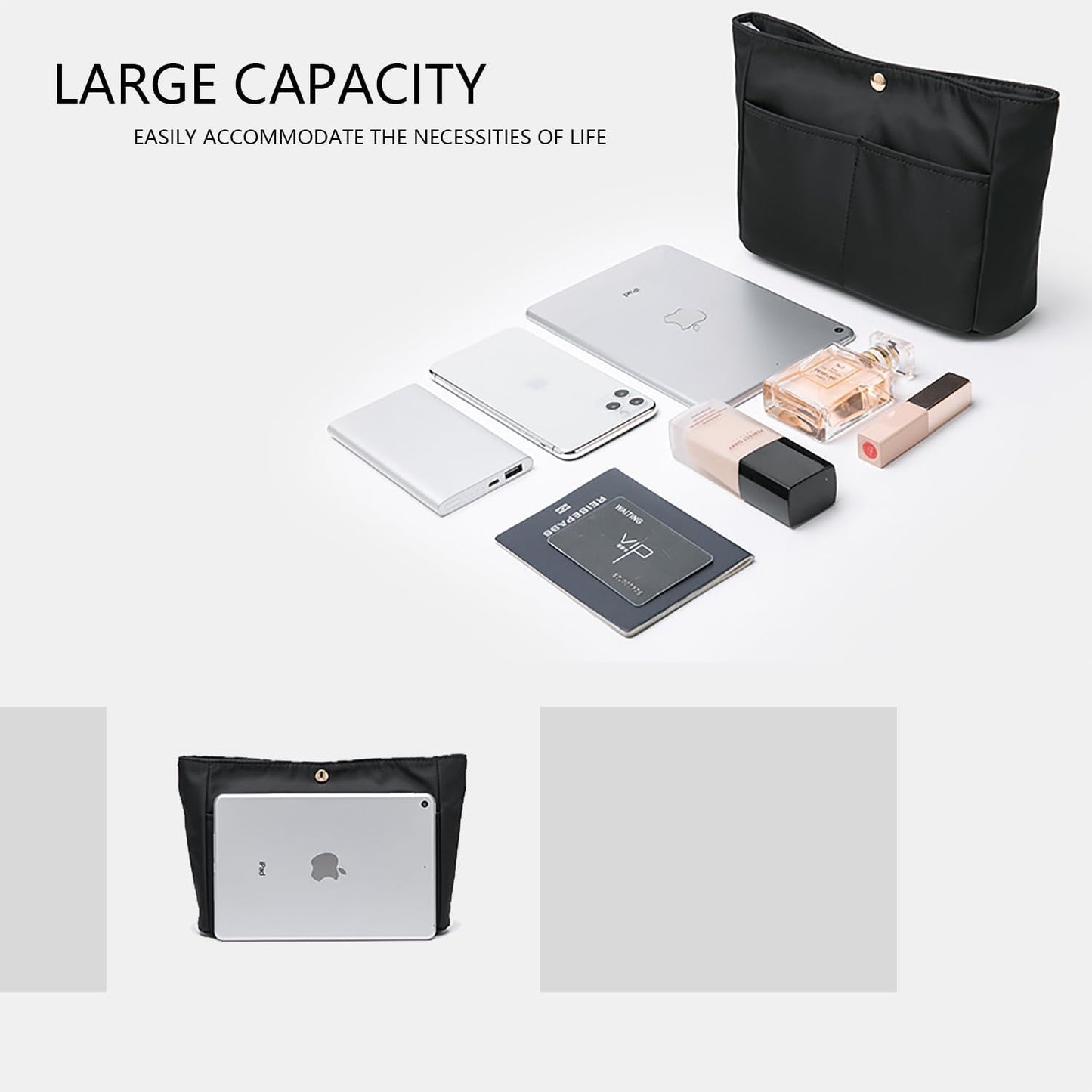 YONBEN Storage bag lightweight large capacity eco-friendly cotton canvas bag inner bag handbag organizer (Black-nylon, S)