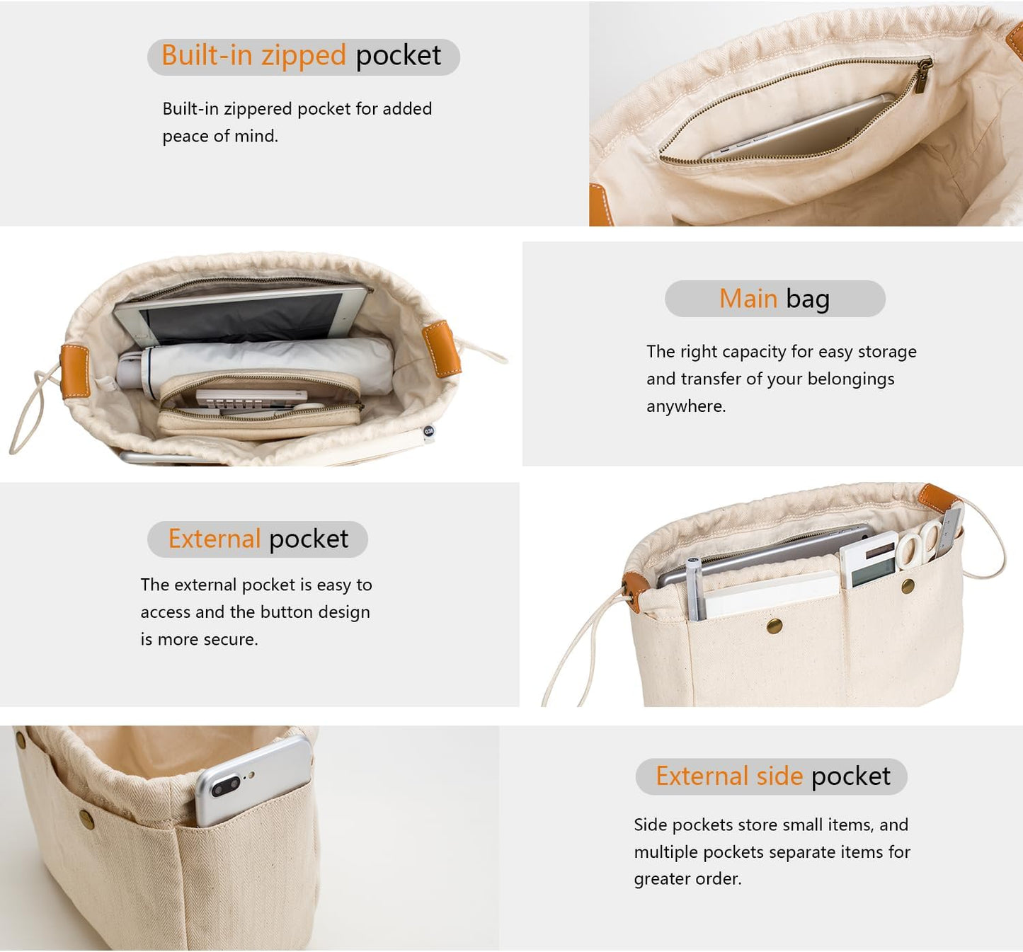 YONBEN Insert Organizer Bag - Tote Bag Organizer - Drawstring Canvas Storage Organizer-Cotton Canvas Pouches
